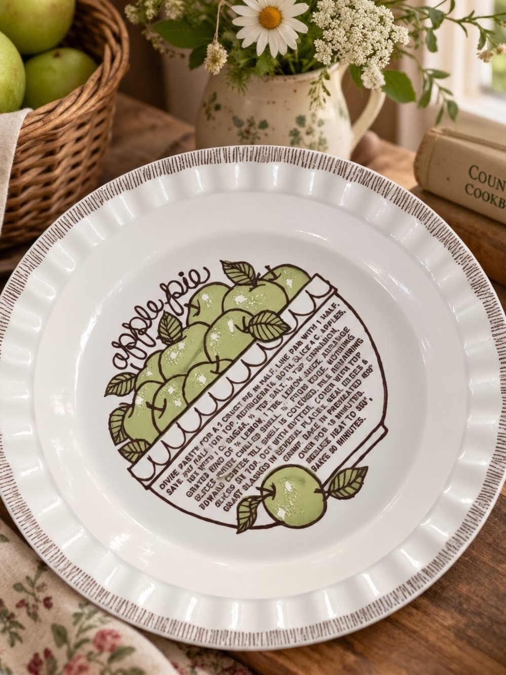 Apple Pie Ceramic Serving Plate - White with Green Print